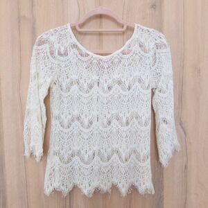 Ezra Womens Lace Sheer Top Size S White Cottage Coquette Fairy Boho Feminine